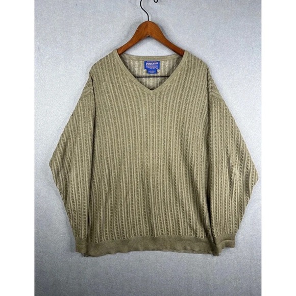Pendleton Other - PENDLETON V Neck Cable Knit Cotton Jumper Sweater Men Size XL Khaki GRANDPACORE